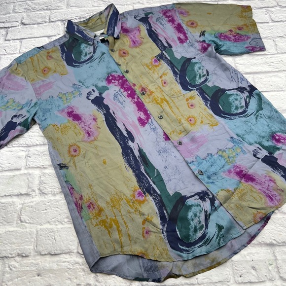Goouch Other - Goouch Vintage 90s Silk Abstract Brushstroke Print Shirt Men's Large Blue Purple
